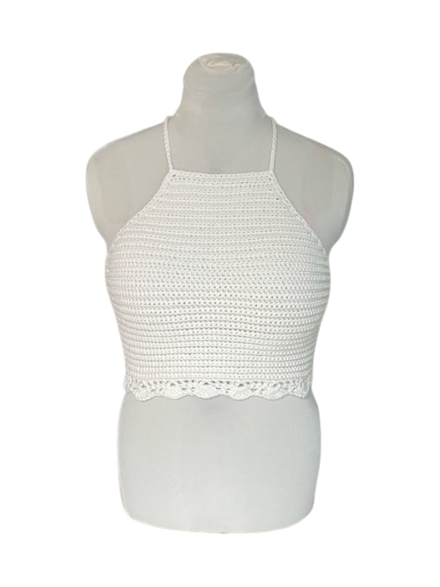 Gehaakte witte halter-top - handgemaakte crop-top met geribbelde structuur en schelpenrand - maat L