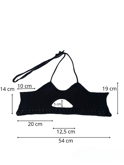 Gehaakte zwarte crop-top/bralette katoen - handgemaakte festival top (sneak-a-peek) - maat L